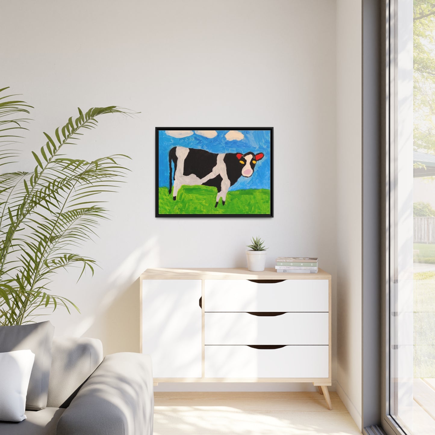 Matte Canvas, Black Frame - "Cow in the Pasture"